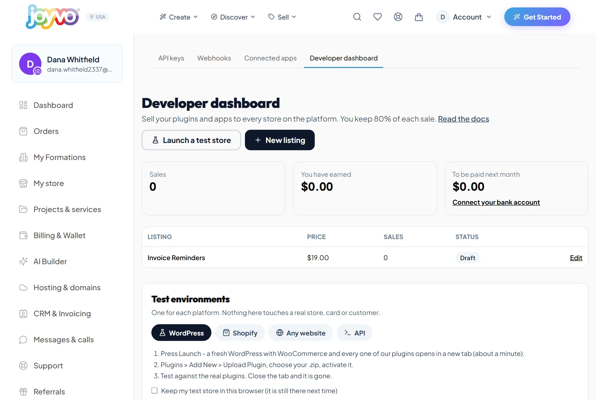 Your developer dashboard: sales, earnings, payouts, your listings and the test environments.