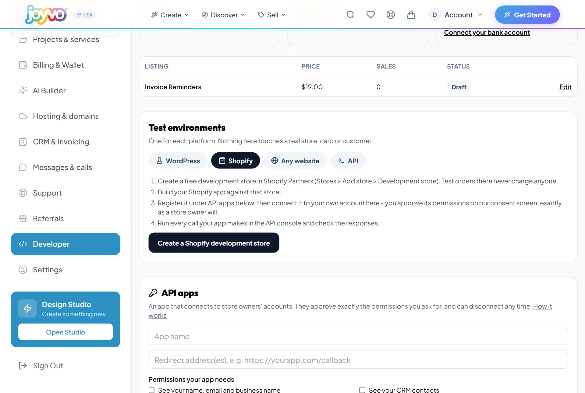 A separate test environment for each platform - here the Shopify steps.