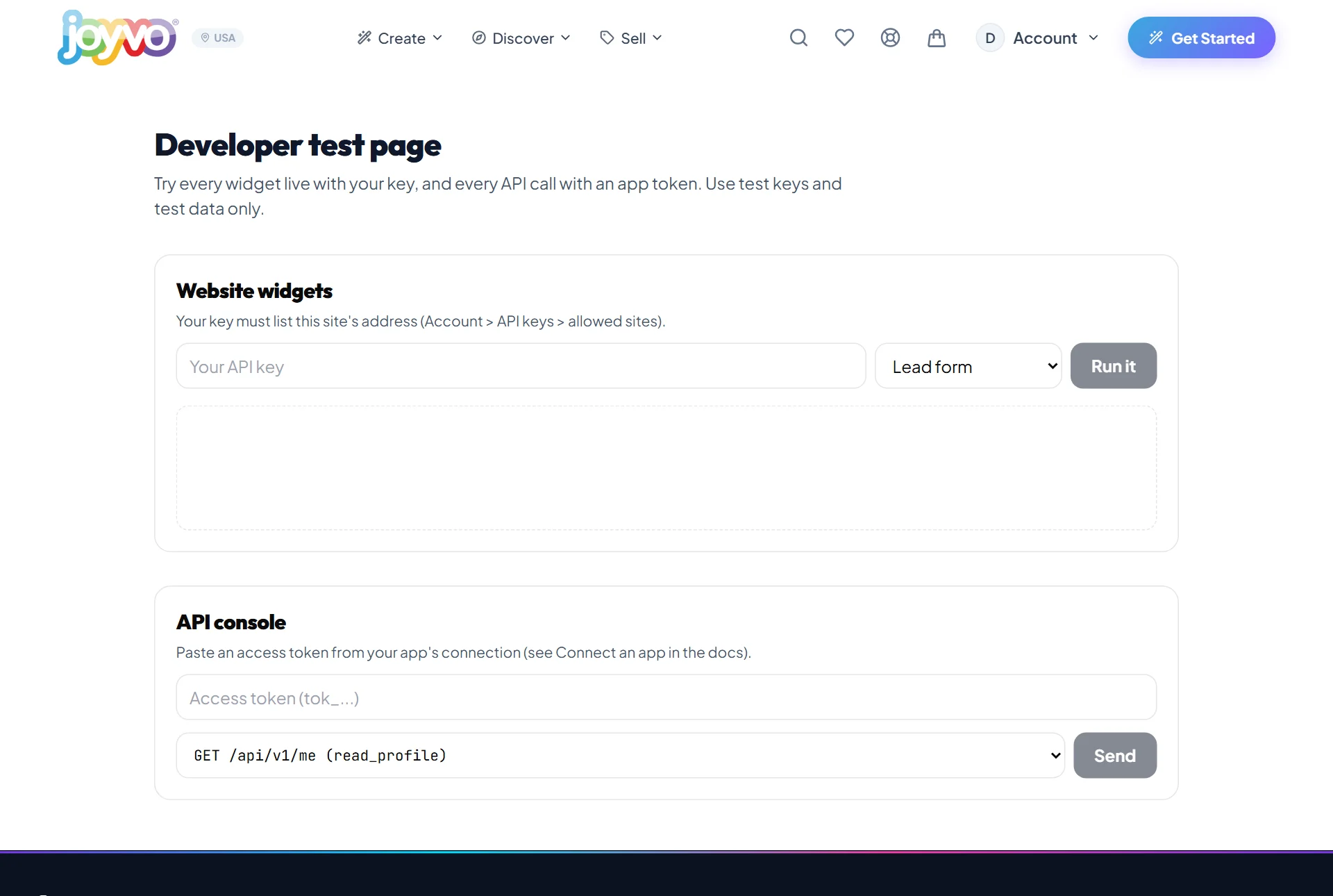 The test page: run any widget with your key, and every API call with an app token.