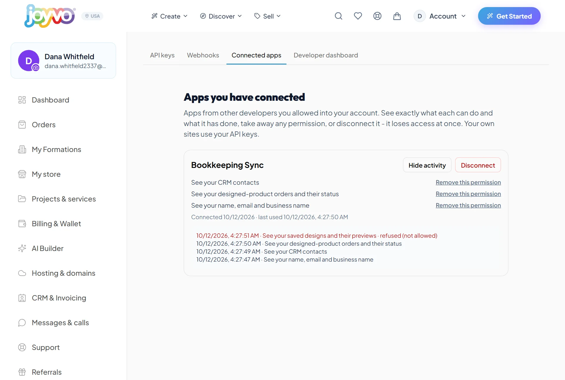 Owners see each connected app, what it did, and can remove one permission or disconnect it.