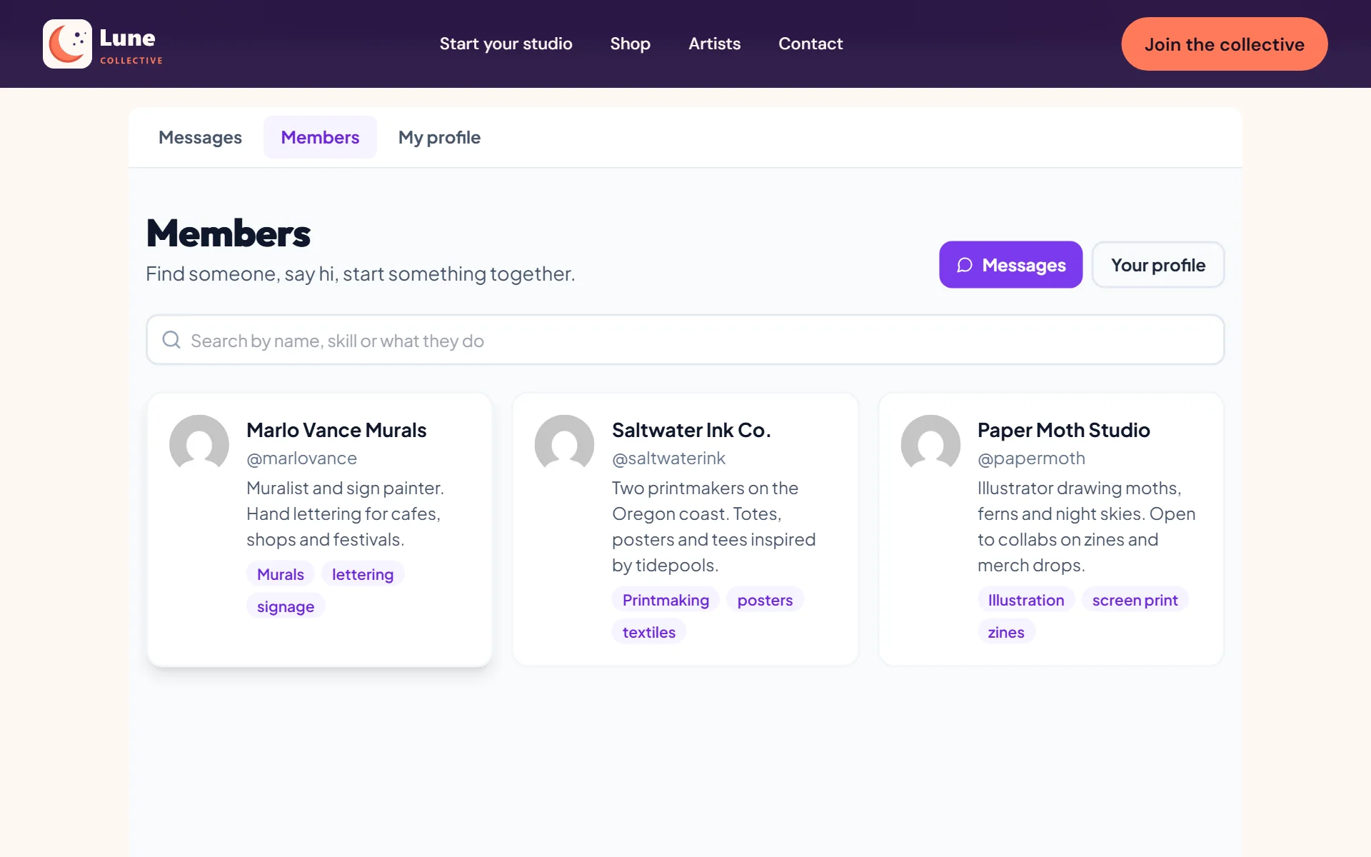 Browse members by name, skill or craft