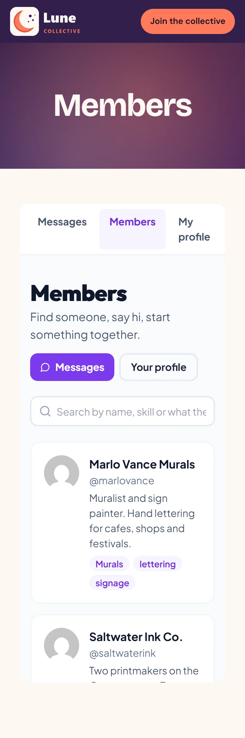Browse members by name, skill or craft