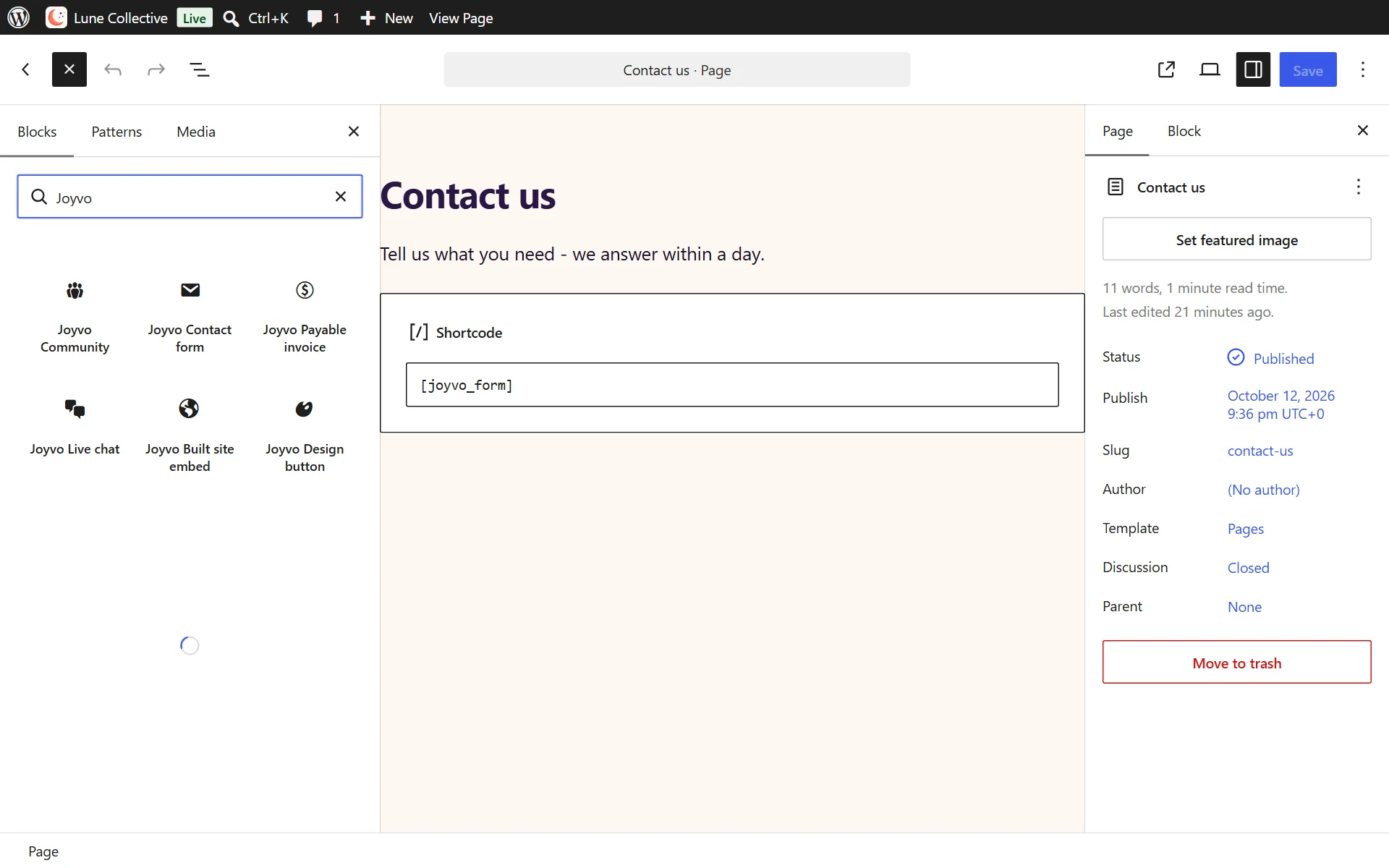 Type Joyvo in the block search to add a form, invoice or chat