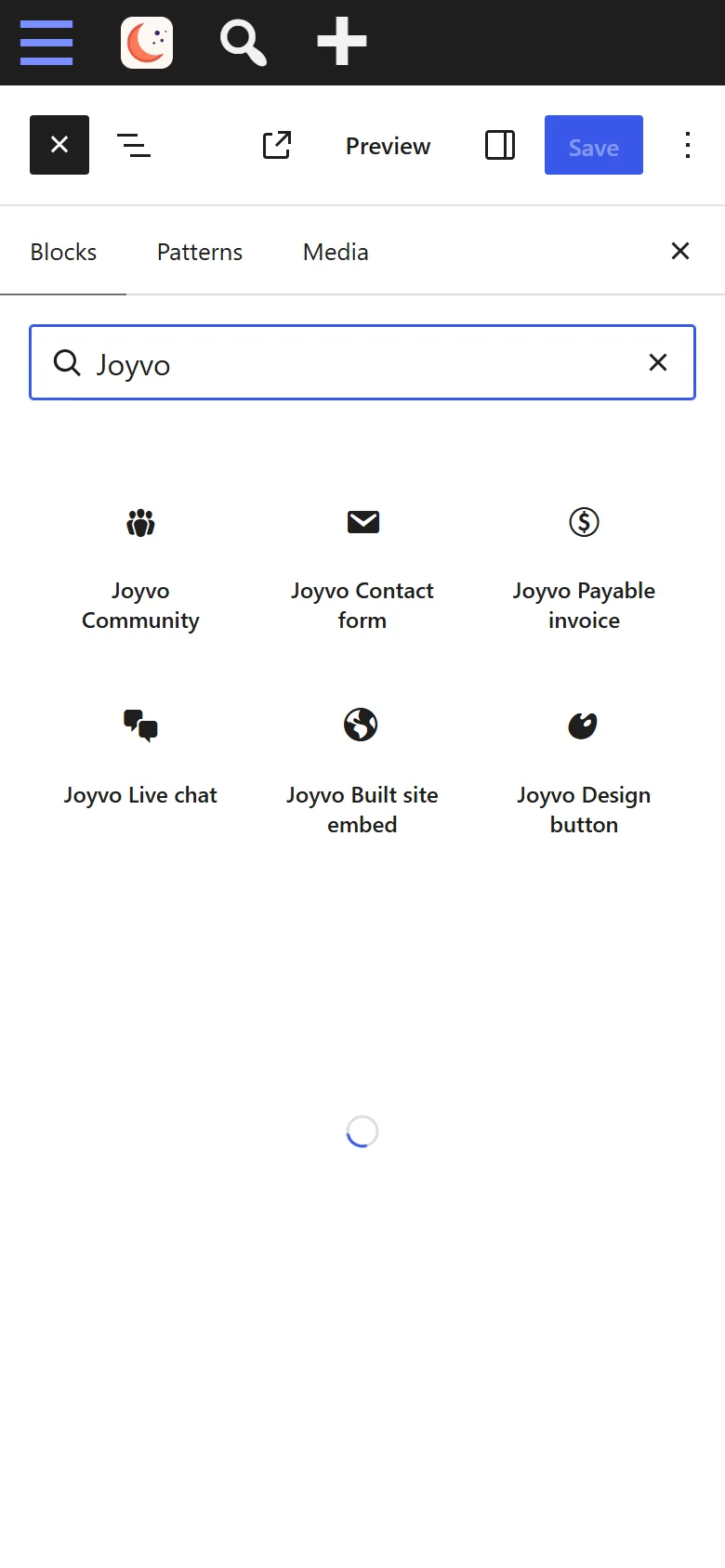 Type Joyvo in the block search to add a form, invoice or chat