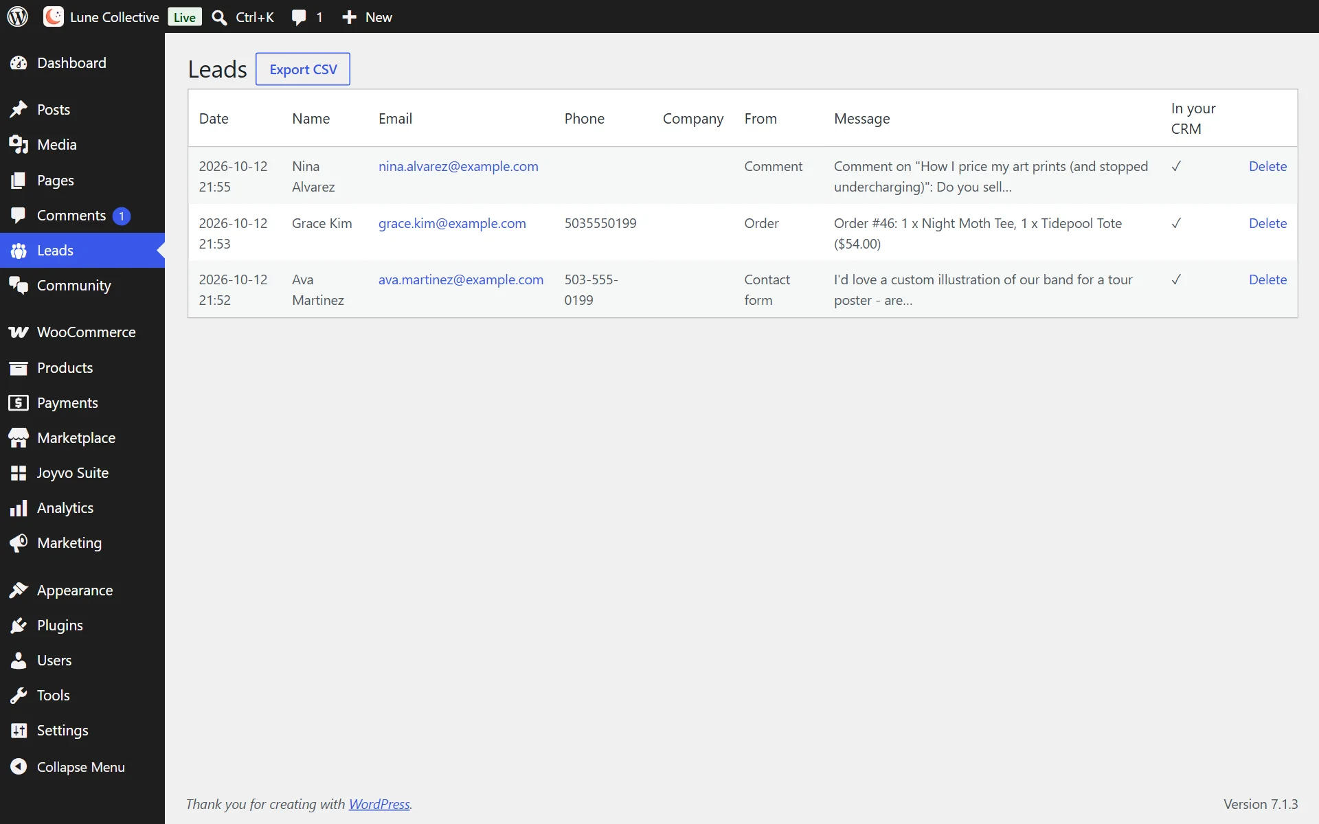 ...and it becomes a lead - comments, orders and messages side by side