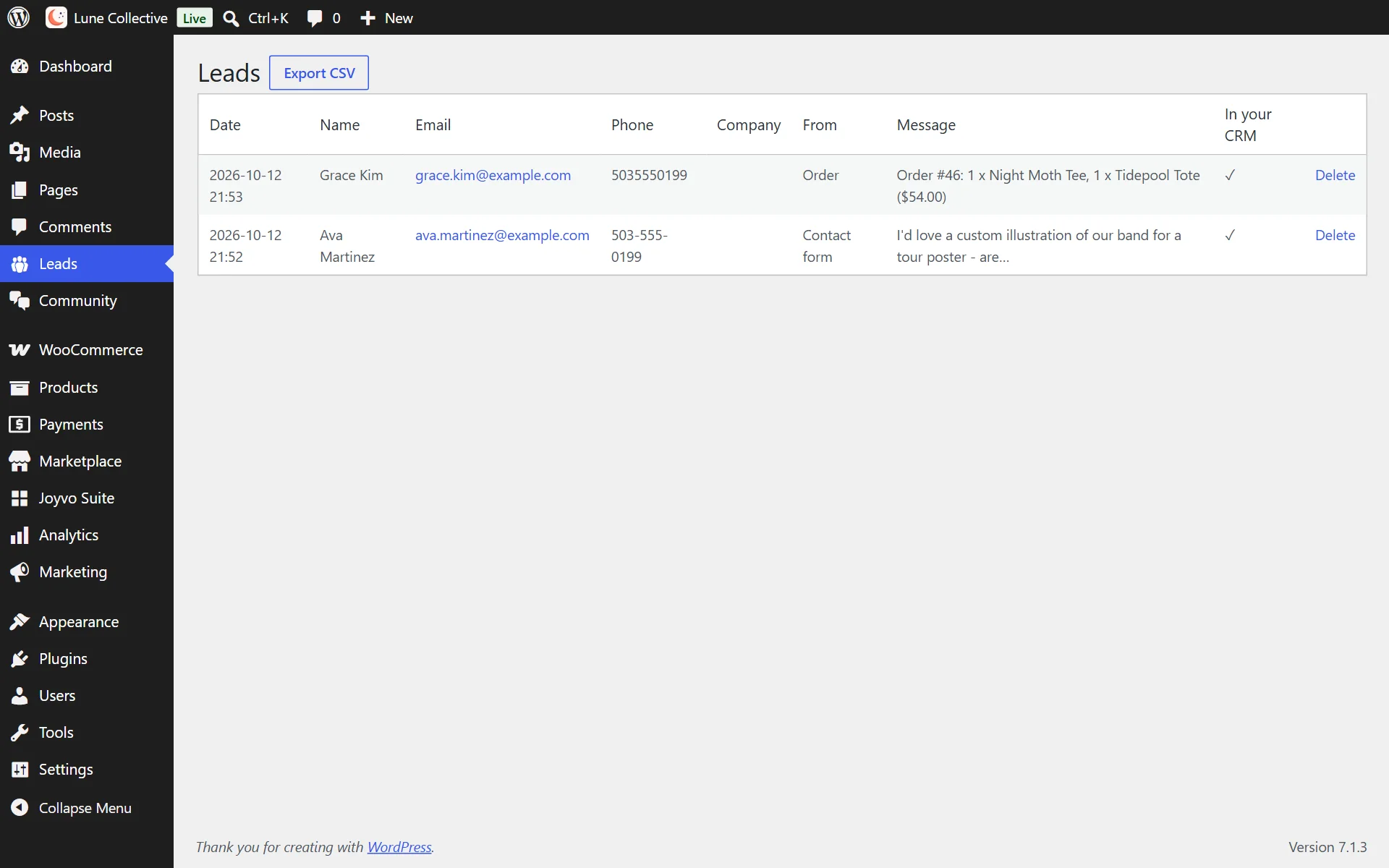 ...and shows up as a lead with their order - kept in WordPress as well