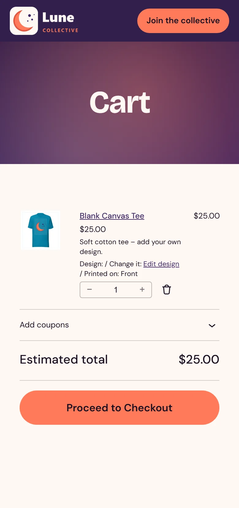 Lands in the WooCommerce cart with an Edit design link