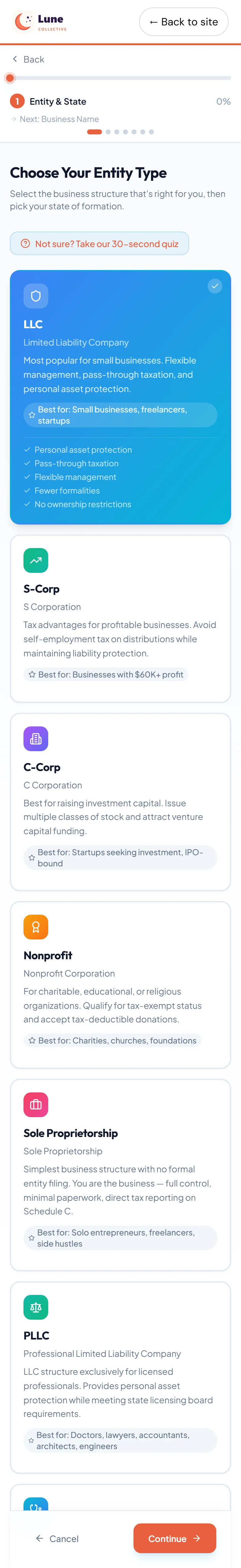 Choose the business type and the state