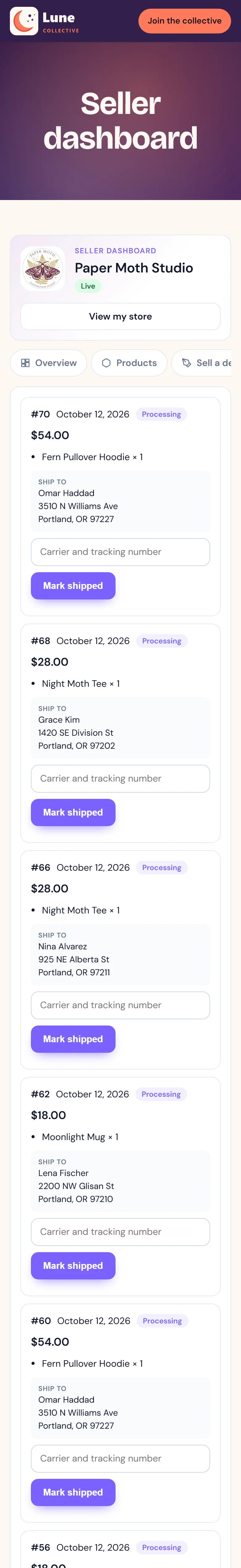 Orders come with the delivery address and a spot for tracking