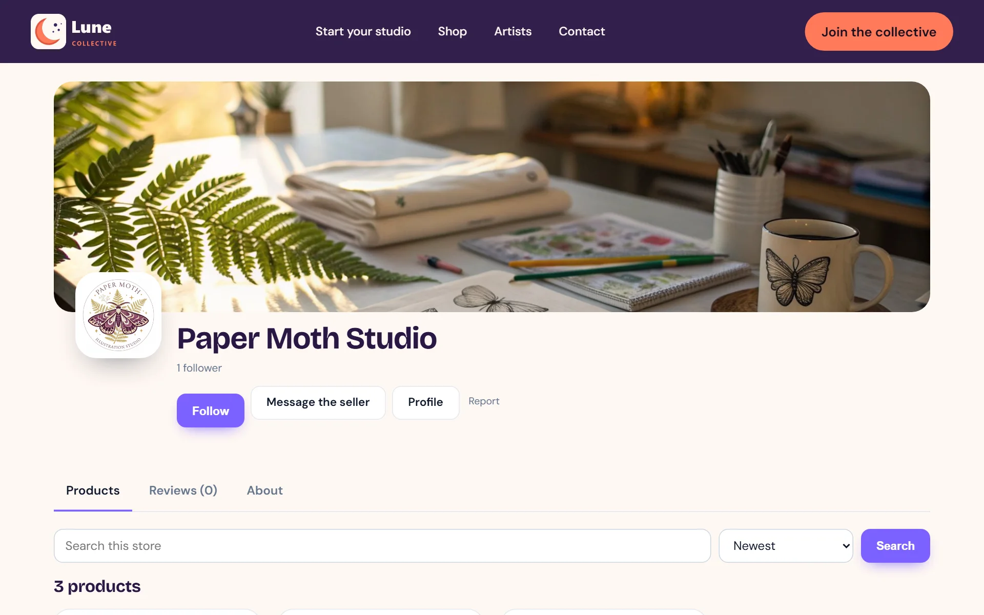Each creator gets a shop page with their logo and banner