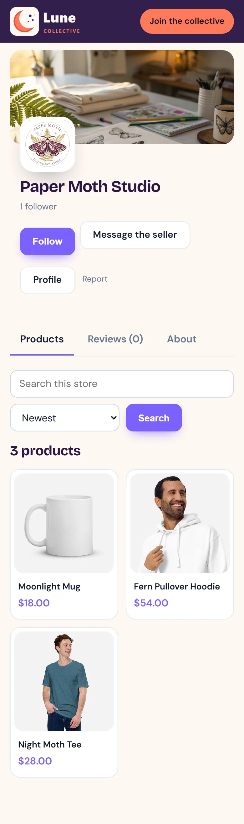 Each creator gets a shop page with their logo and banner