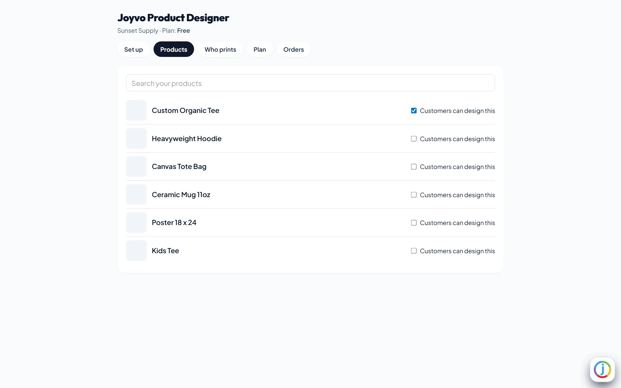 Switch the designer on per product - one tap each