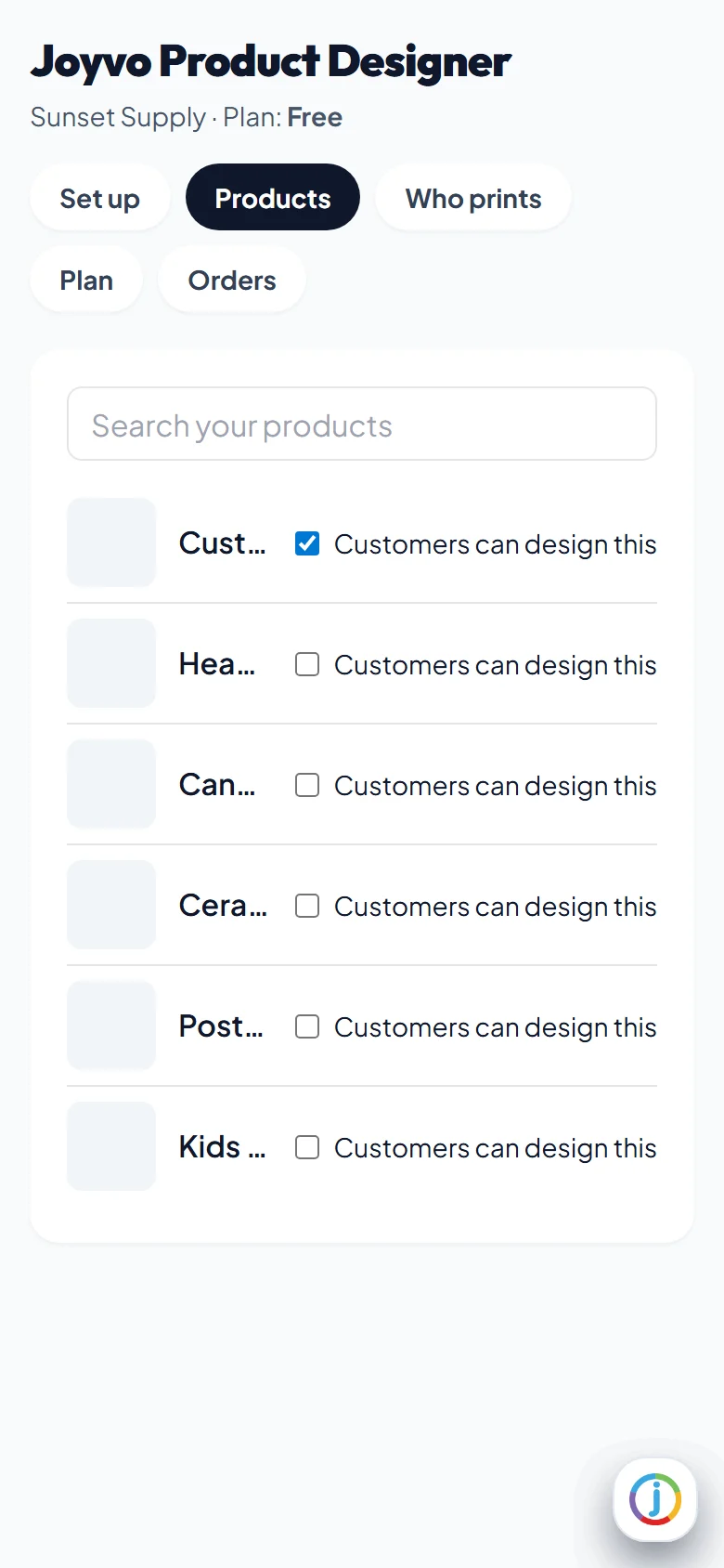 Switch the designer on per product - one tap each