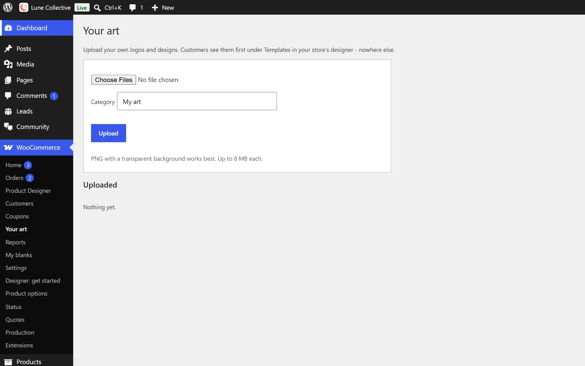 Upload your art for customers to put on products
