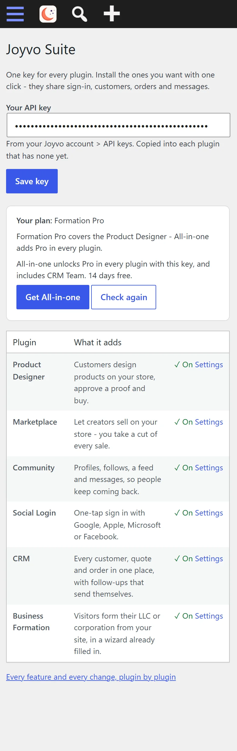 All your Joyvo plugins on one page - turn each on whenever you're ready